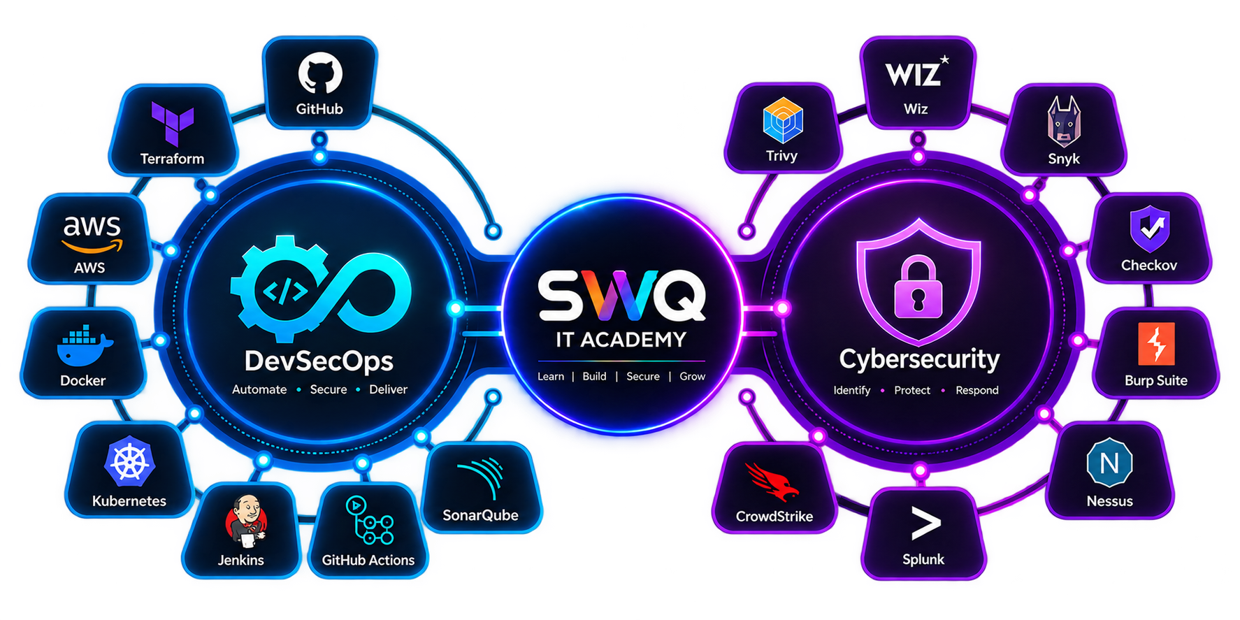 SWQ IT Academy DevSecOps and Cybersecurity tool ecosystem, featuring Terraform, Docker, Kubernetes, GitHub Actions, AWS and Jenkins alongside Trivy, Wiz, Snyk, Burp Suite, CrowdStrike and Splunk